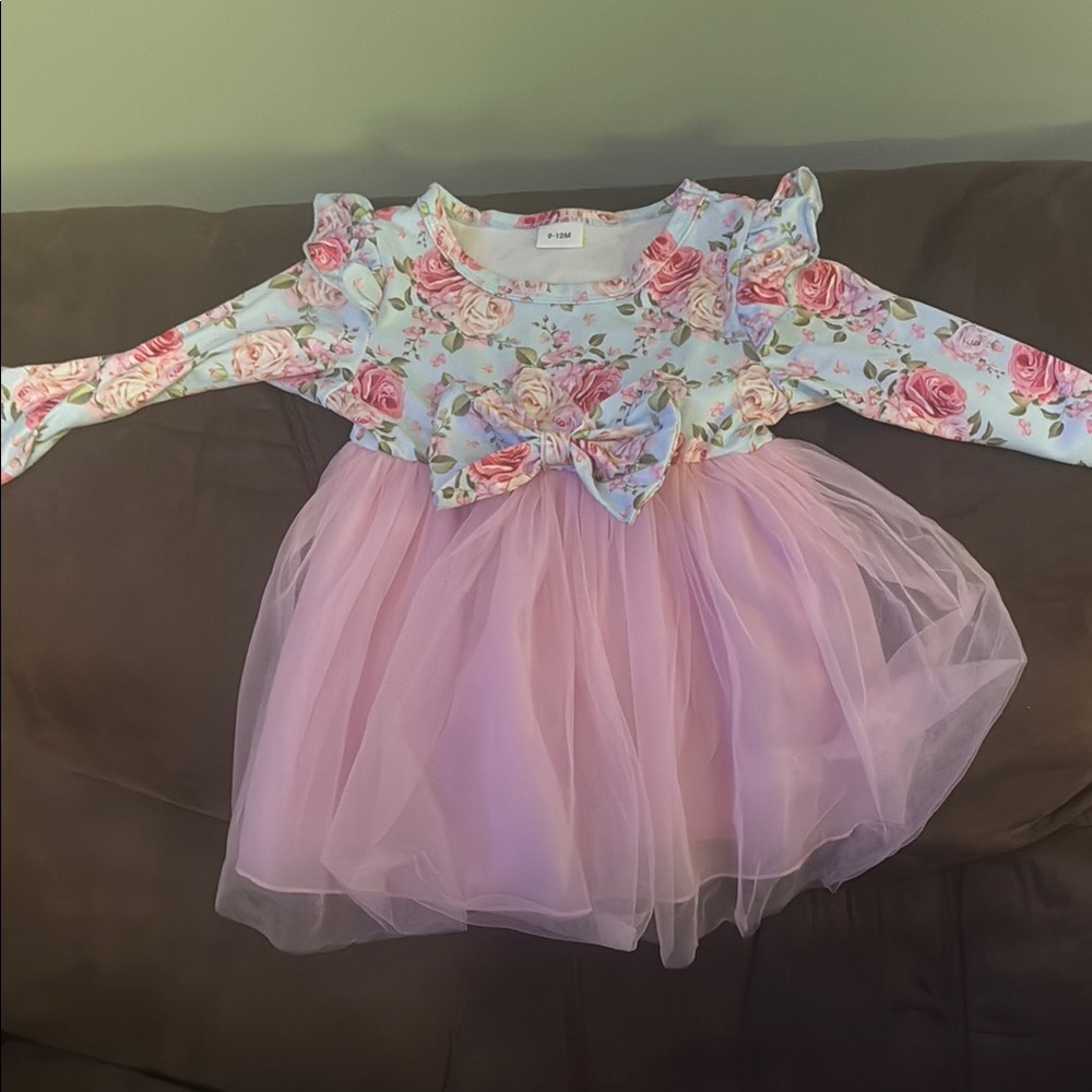 Floral Long Sleeve Dress with Pink Tulle Skirt